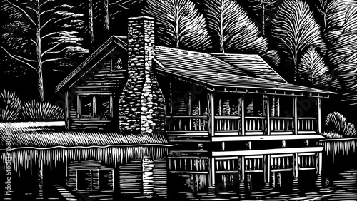 Rustic lakefront villa with wooden deck, stone chimney, and reflection in still water, illustrated in tranquil black and white line art for peaceful, outdoor, and landscape themed design concept