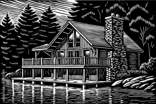 Rustic lakefront villa with wooden deck, stone chimney, and reflection in still water, illustrated in tranquil black and white line art for peaceful, outdoor, and landscape themed design concept