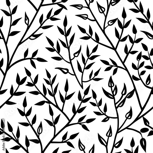 Black and white stylized branches with leaves in a repeating pattern silhouette