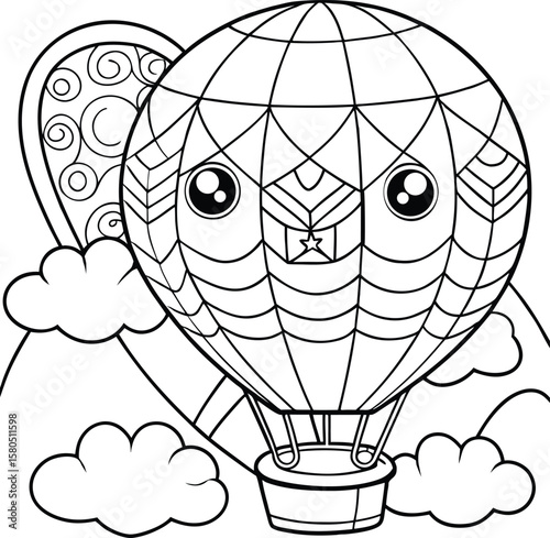 Hot air balloon floating above hills in bold colorful design Vector illustration