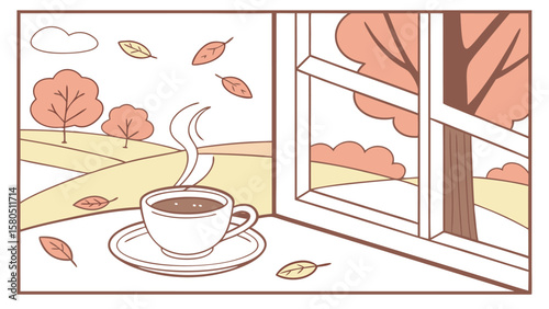 Cozy autumn scene with a steaming cup of coffee on a windowsill overlooking a landscape with colorful trees and falling leaves