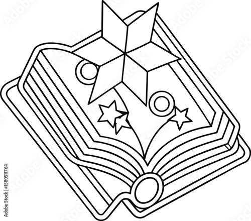 Whimsical outline of fairy tale storybook surrounded by stars Vector illustration