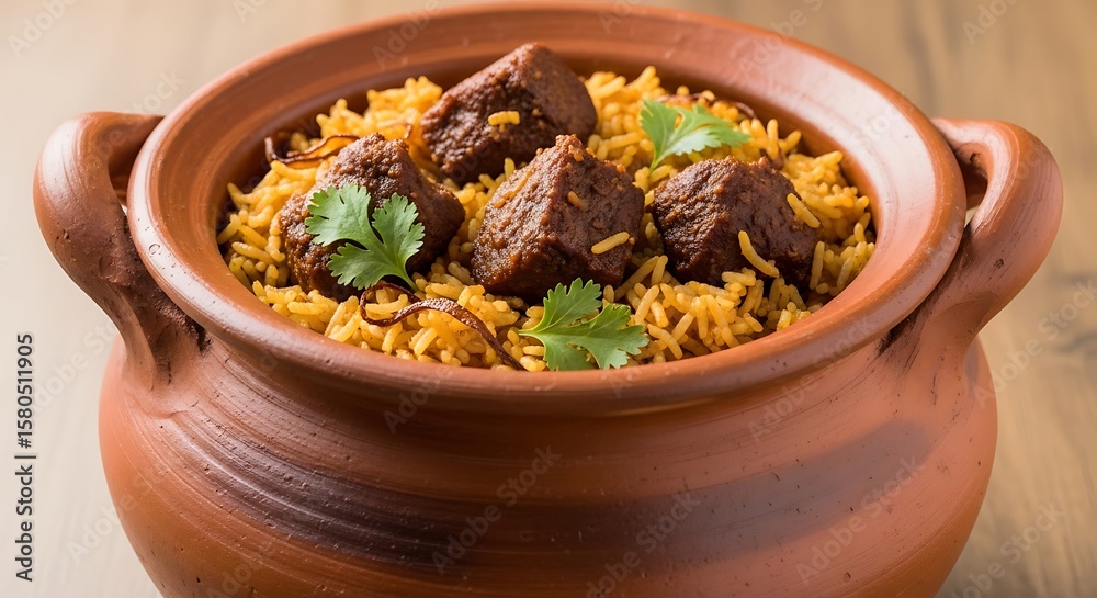 Fototapeta premium Hearty beef biryani served in a traditional clay pot