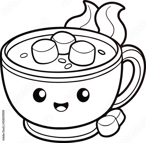 Hot cup of cocoa with marshmallows in outline cozy drink style Vector illustration