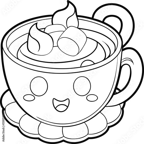 Cozy cup of hot chocolate with marshmallow toppings in outline Vector illustration
