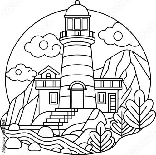 Outline illustration of lighthouse on rocky coastline scene Vector illustration