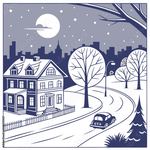 A charming vintage car drives down a snowy road past a classic house and bare trees under a full moon and city skyline at night