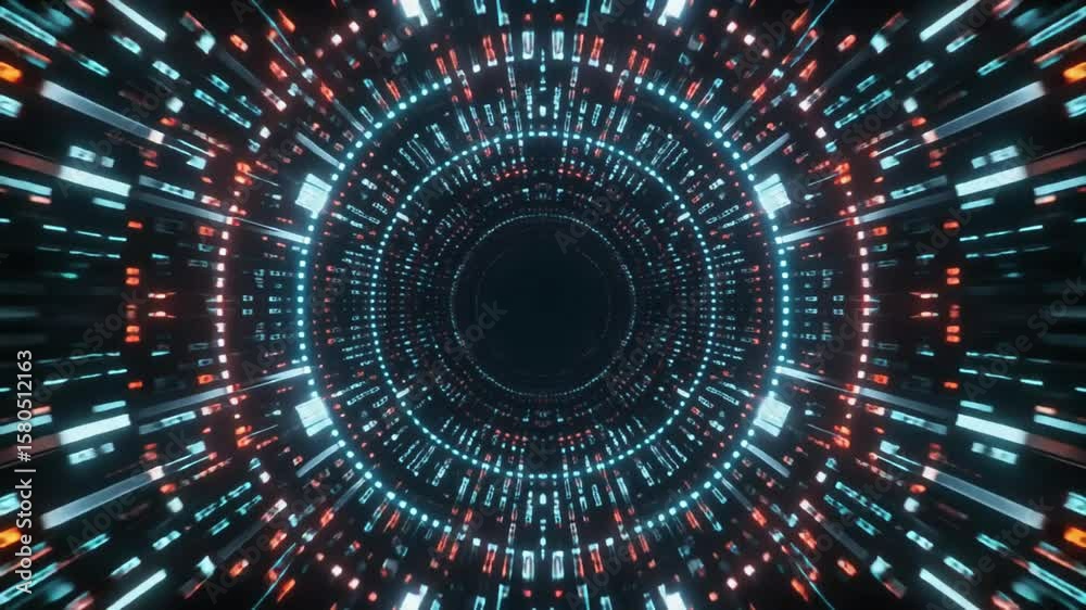 A mesmerizing digital artwork depicting a tunnel of light and data streams. It evokes a sense of futuristic travel and technological advancement. loop video 4k