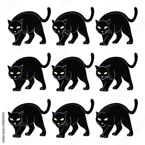 Nine black cats walking with yellow eyes