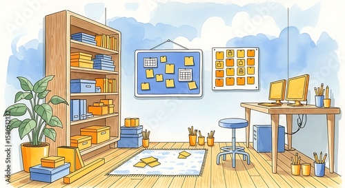 Cozy home office with bookshelves computers and task boards