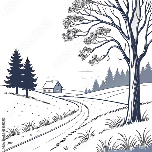 A charming illustration of a winter landscape featuring a winding road leading to a cozy house nestled among snow covered hills and evergreen trees