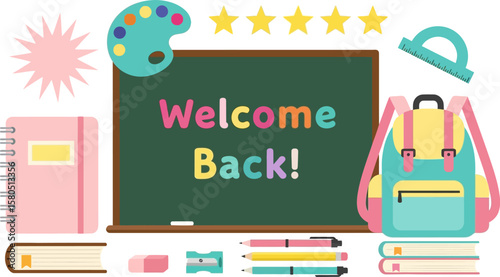 Welcome back to school vector illustration with school supplies and blackboard
