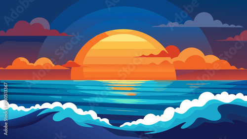 Vibrant sunset over the ocean with stylized waves and clouds