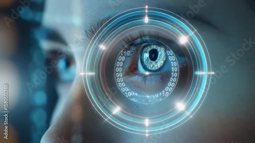 Closeup of woman's eye with reflected computer code for technology and innovation concepts. High-tech eye scanning system with binary code overlay. Artificial intelligence and cybersecurity 