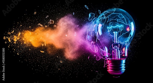 Exploding light bulb with colorful powder and shards on black background