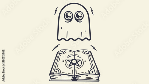 Cartoon ghost hovers above an open book with a pentagram design in a black and white illustration