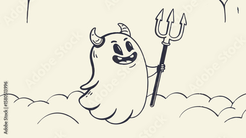 Illustration of a cartoon devil with horns holding a trident standing on clouds with trees behind it
