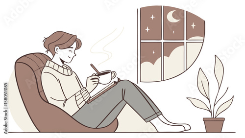 A person relaxing in a beanbag chair at night journaling and drinking coffee while looking out a window at the moon and stars