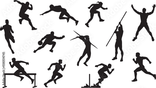 Athletic silhouettes of athletes in motion running jumping