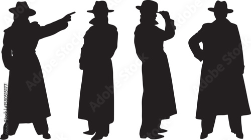 Four men in fedoras and trench coats silhouette fedora hats
