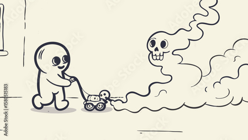 Cartoon character pushing a lawnmower that emits a skull shaped cloud of smoke in a simple drawing