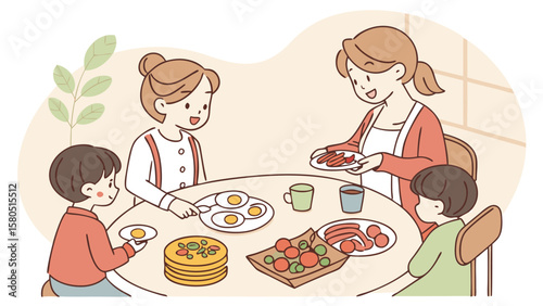 A happy family enjoying a delicious breakfast together around a table with pancakes eggs sausages and vegetables fostering a sense of togetherness and warmth