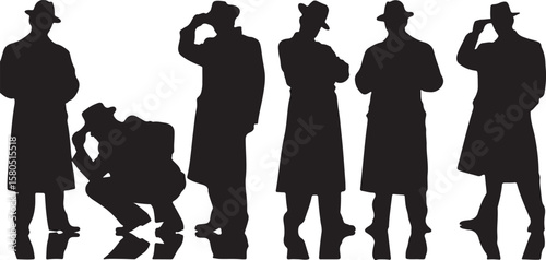 Silhouettes of men in hats and coats black white