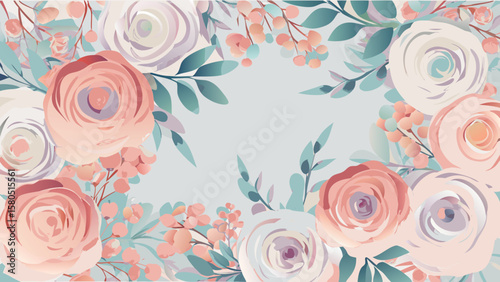 Pastel floral arrangement with roses and berries creating a soft and romantic background design element