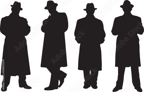 Silhouettes of men in trench coats and hats standing