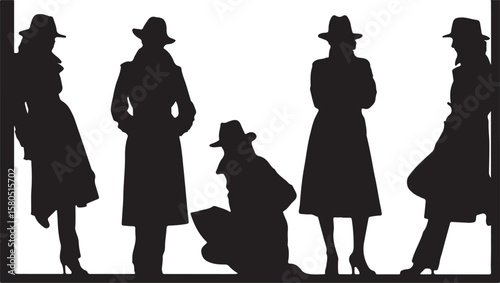 Silhouettes of people in hats and coats women