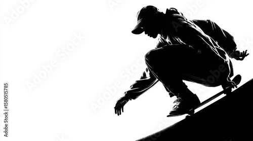 Monochrome Silhouette of Skateboarder Performing a Trick on a Ramp