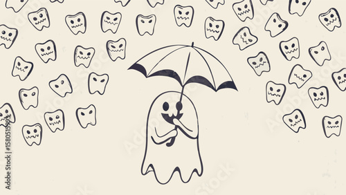 Cartoon ghost under umbrella with teeth falling from the sky in black and white illustration art