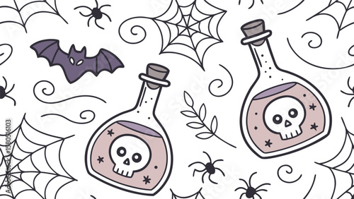 Whimsical halloween pattern featuring cute cartoon bats spiders cobwebs and potion bottles with skull designs on a white background