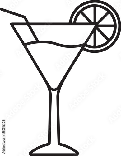 Coctail glass with lemon and drinking line art, black outline, vector and illustration, coloring book page line art drawing