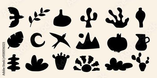 Boho organic shape collection in black silhouette. Handcrafted abstract forms for posters, decor, and contemporary visual identity.