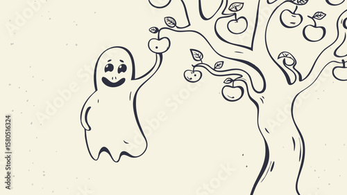 A whimsical illustration of a ghost reaching for an apple on a tree with many apples drawn