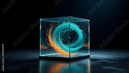 Abstract cube with swirling liquid motion art design for modern technology concept