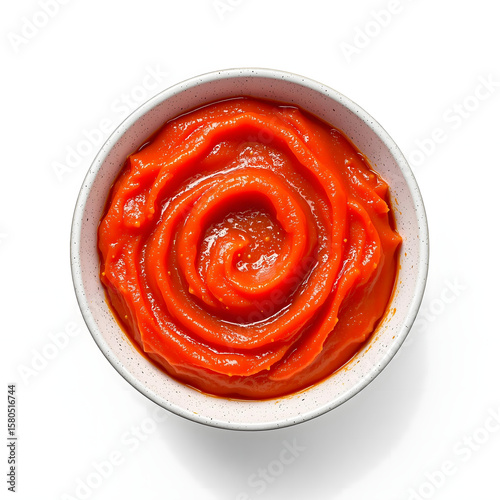 Tomato sauce or puree in a bowl isolated on white background. Top view of a red vegetable paste or soup swirled in a spiral, representing healthy eating and cooking ingredients