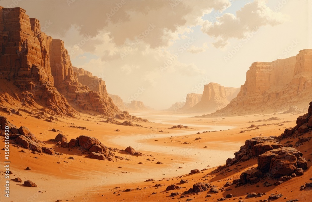 Fototapeta premium Majestic desert landscape with towering rock formations and sandy valleys under a partly cloudy sky
