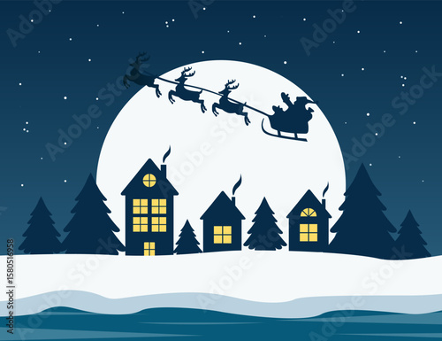 Night Christmas scene with a full moon and Santa Claus flying with his reindeer over a winter village.