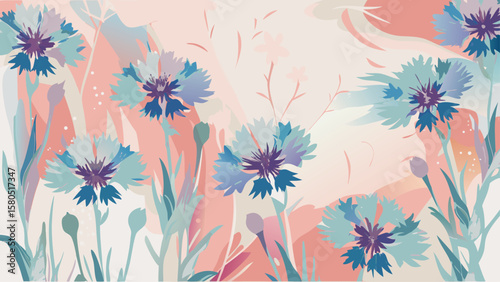 Watercolor painting of cornflowers with blue and purple petals on a pastel background with green leaves