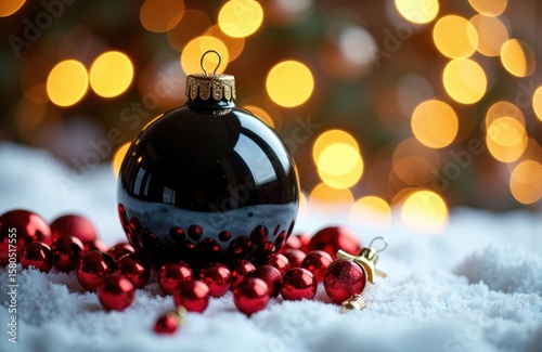 A black Christmas ornament surrounded by red baubles on snow with blurred festive lights in the background