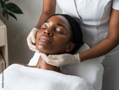African American woman receiving facial massage in spa