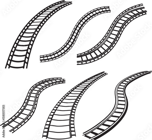 set of curved railroad line art, black outline, vector and illustration, coloring book page line art drawing