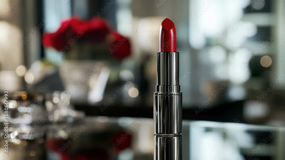 Red lipstick on reflective surface with blurred background of red roses and glassware creating elegant romantic glamour beauty makeup cosmetic shiny reflection