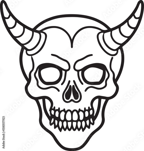 vintage demon skull with horns line art, black outline, vector and illustration, coloring book page line art drawing