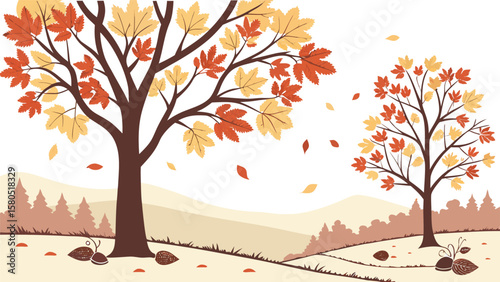 Stylized autumn landscape with two trees shedding colorful leaves featuring rolling hills pine trees and fallen acorns in a warm color palette
