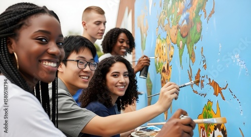 Diverse Young Adults Painting Large World Map Mural for Global Unity, Environmental Awareness & Creative Collaboration