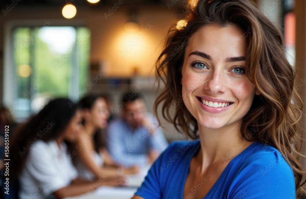 Fototapeta premium Smiling woman with wavy brown hair in a casual blue top in a bright indoor setting