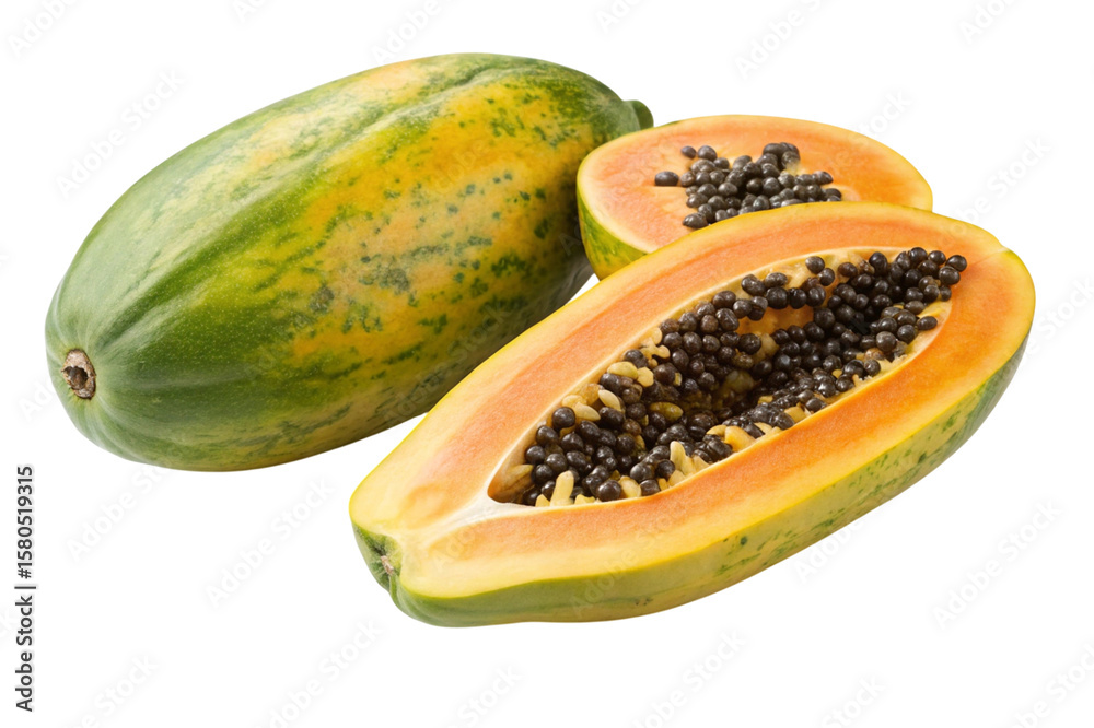 custom made wallpaper toronto digitalWhole and halved ripe papaya fruit with black seeds isolated on transparent background
